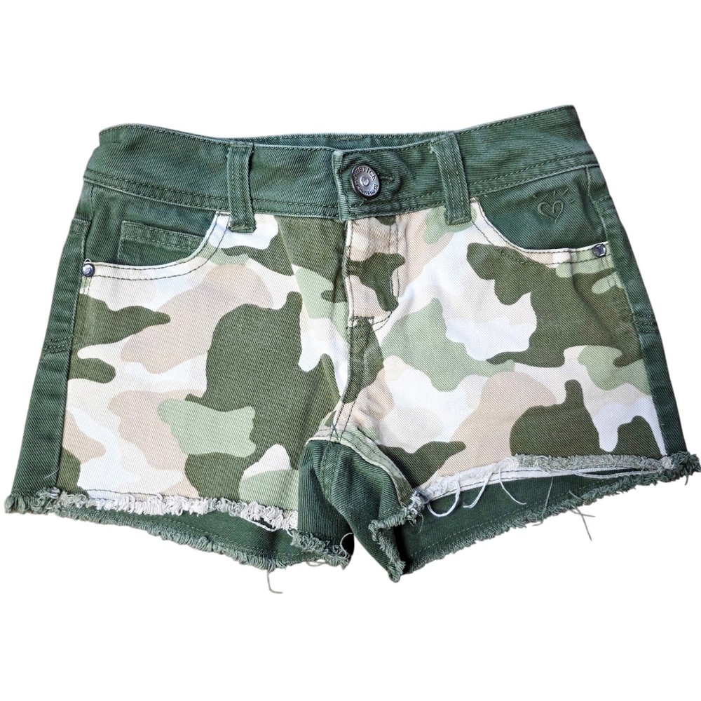 Justice Girls Green Camo Denim‎ Shorts Rhinestone Embellished Raw Hem 7 2013